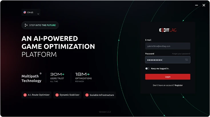 Kuva ExitLag palvelun rekisteröitymisestä. "An AI-powered Game Optimization platform". ExitLag käyttää multipath-teknologiaa.