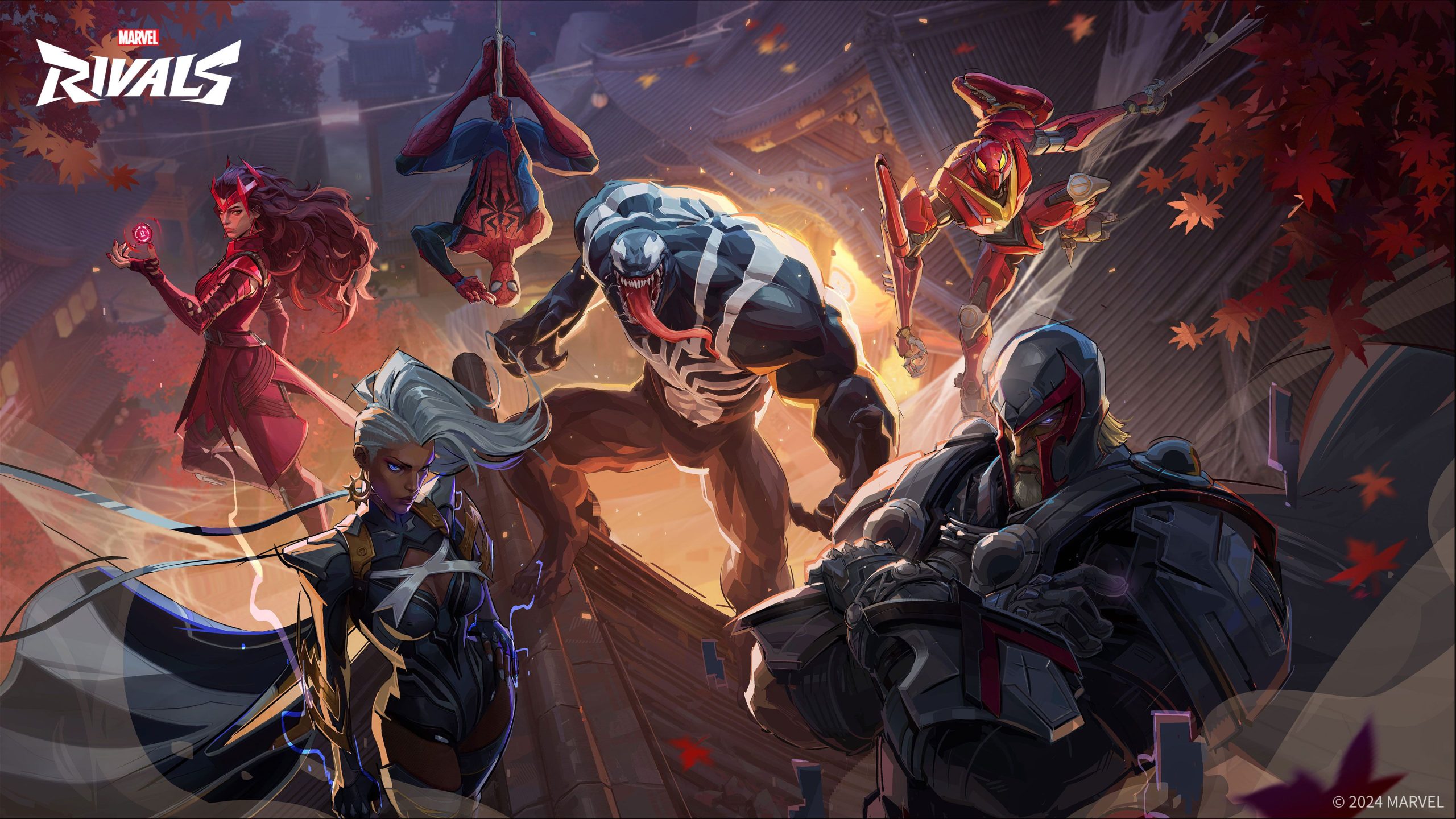 Pelattavia Marvel Rivals hahmoja. Kuvassa esiintyy Peni Parker, Spiderman, Scarlet Witch, The Storm, Magneto ja Venom.